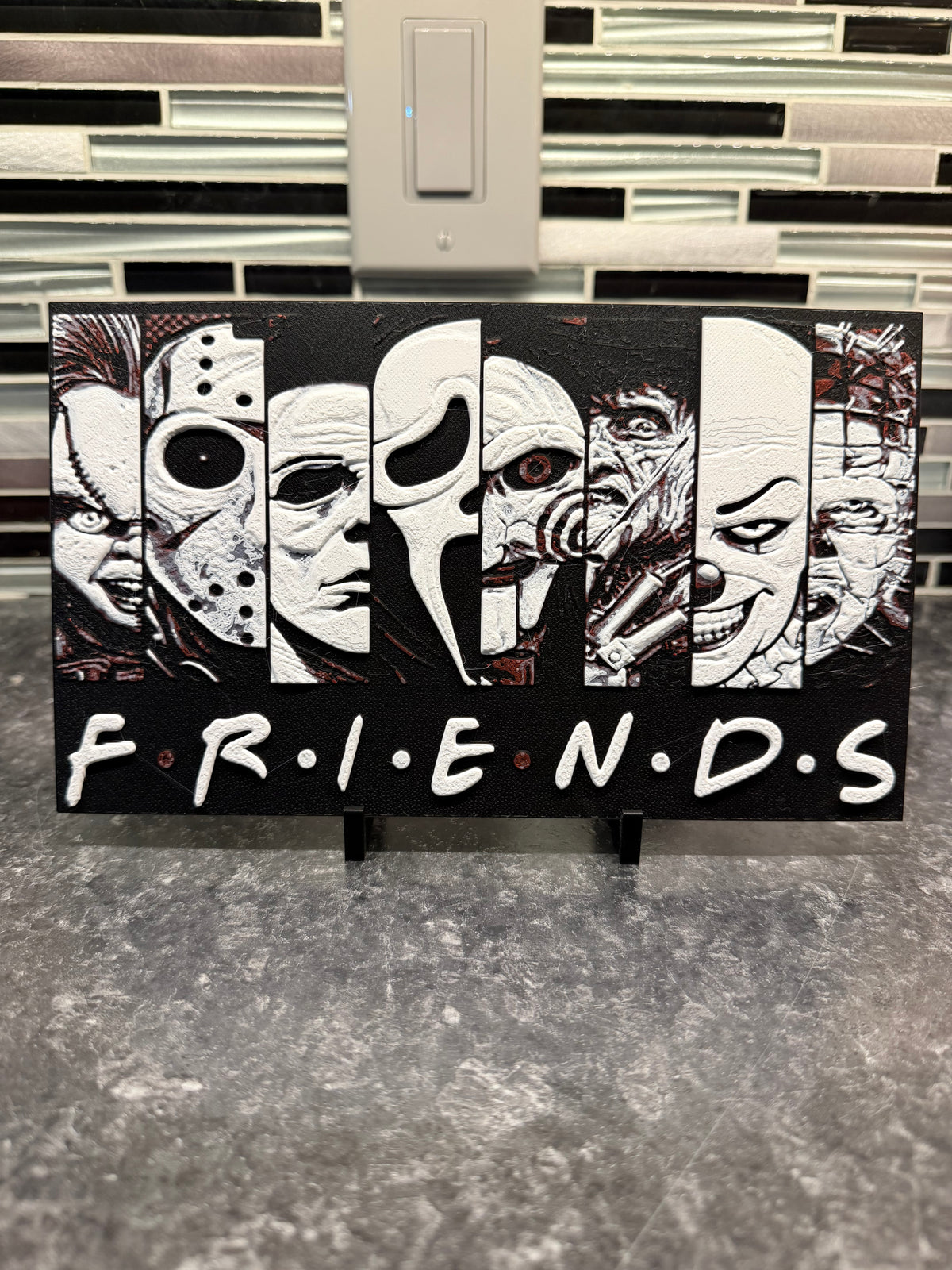 Artistic Representation of Friends ( Chucky, Jason, Michael, GhostFace, Jigsaw, Pennywise, Hellraiser) (Hueforge) Plaque