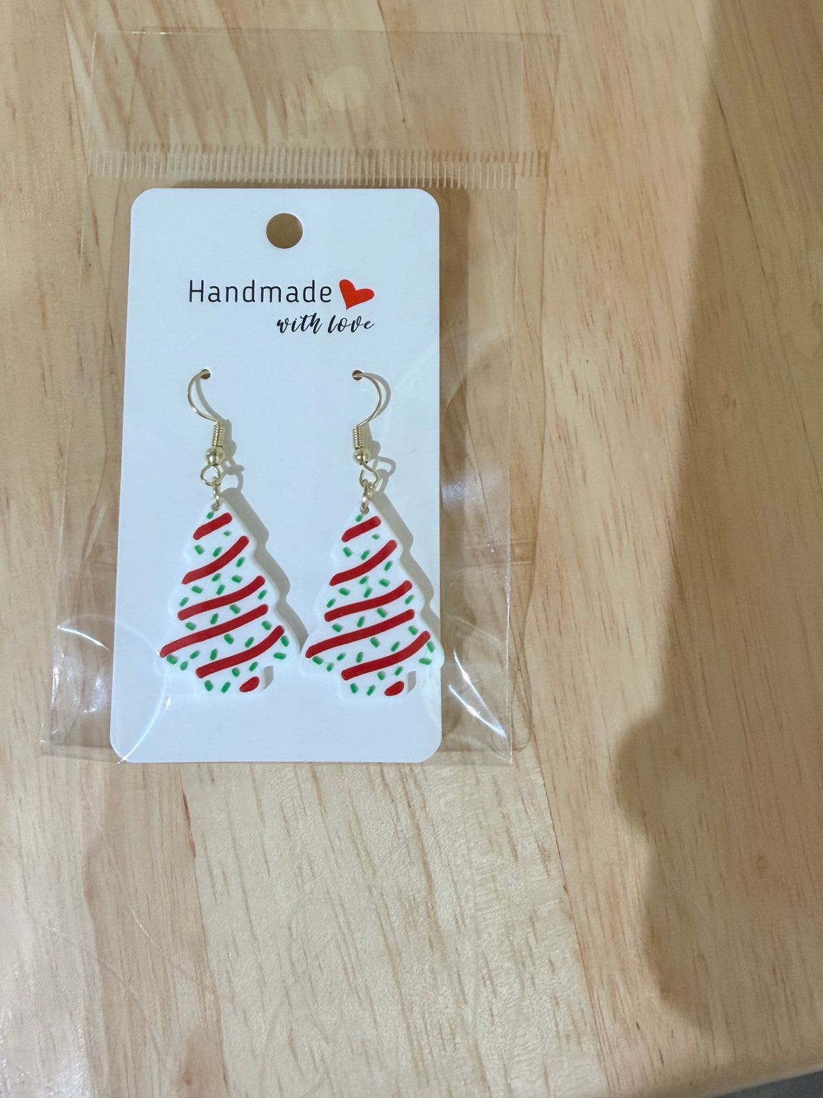 Red and White Christmas Tree Earrings in Gold