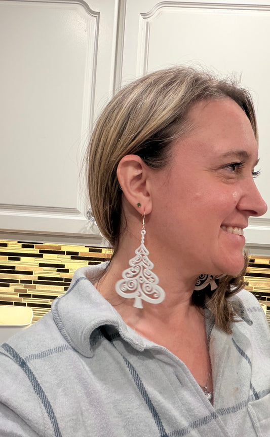 White Christmas Tree Earrings in Silver