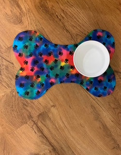 Dog Bowl Mat Rainbow with Black Paw Prints