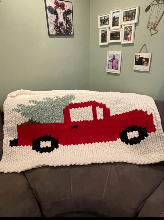 Red Truck Handmade Chunky Knit Blanket