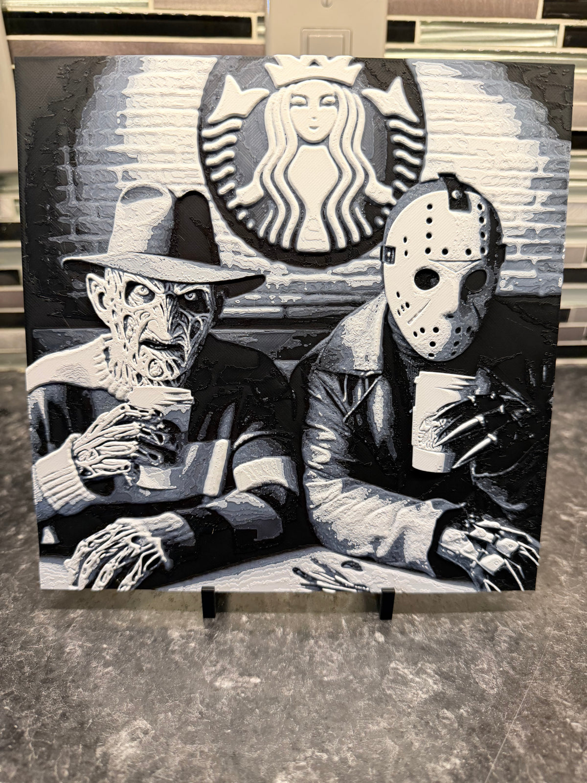 Artistic Representation of Freddy and Jason at Starbucks (Hueforge) Plaque