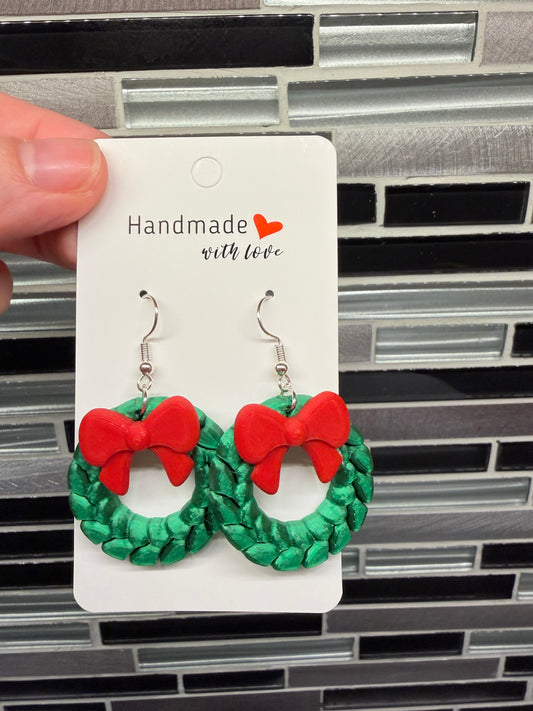 Green Wreath w/ Red Bow Earrings in Silver