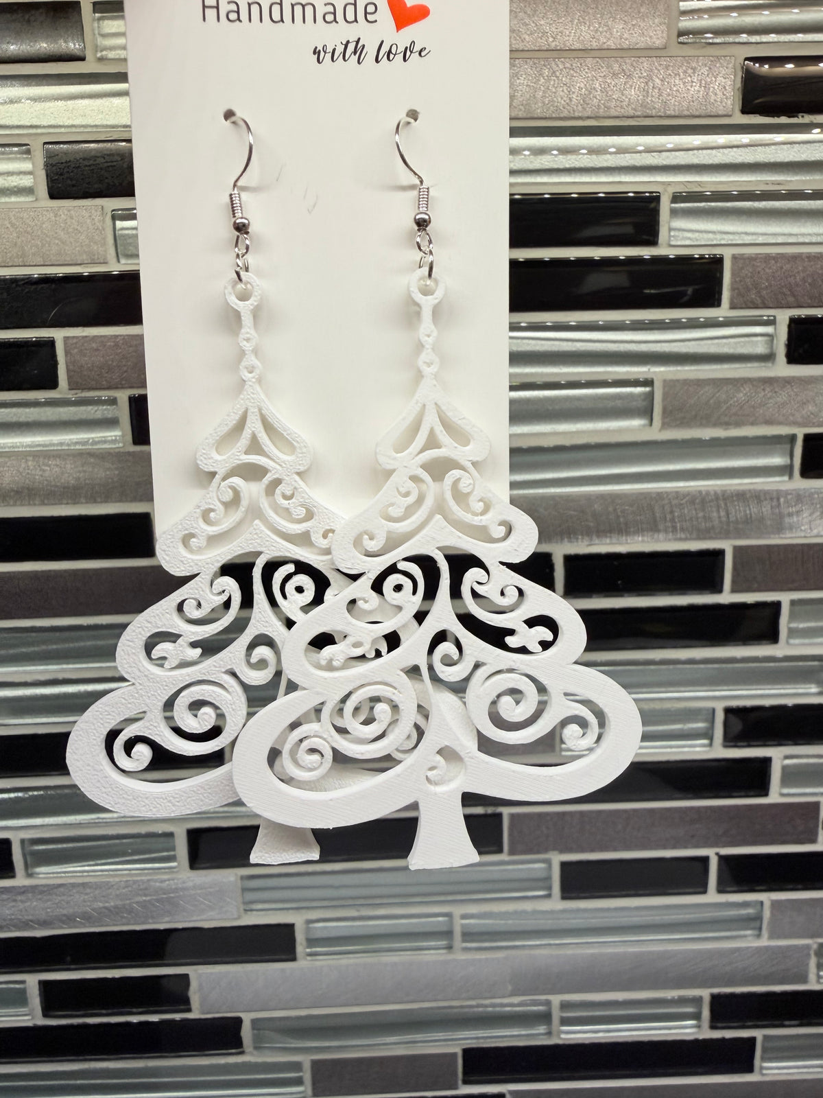 White Christmas Tree Earrings in Silver