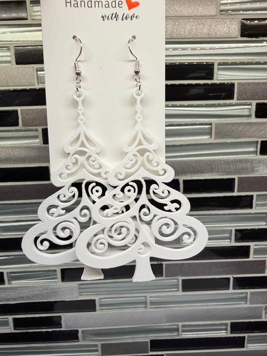 White Christmas Tree Earrings in Silver